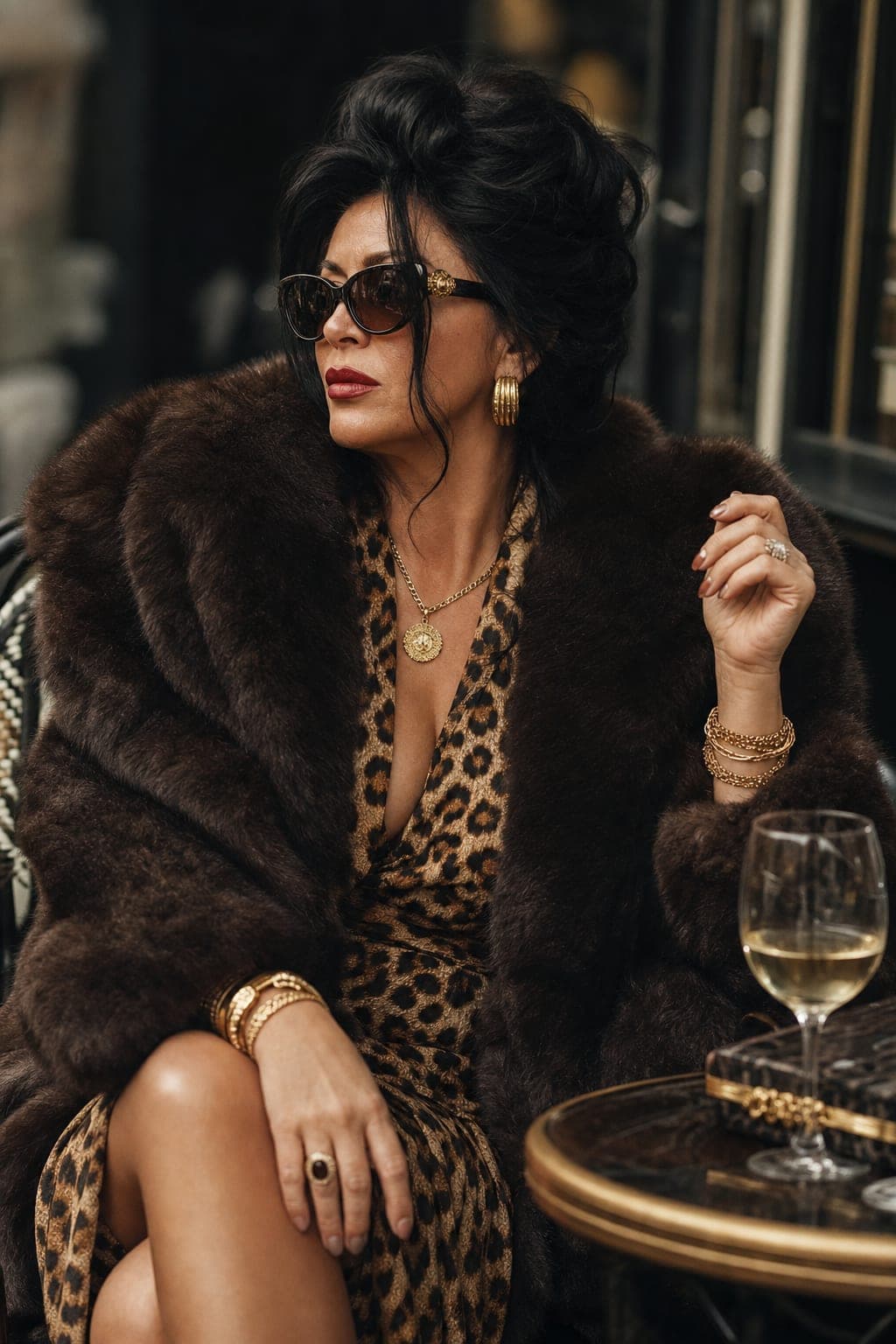 Mob wife outfit with an oversized fur coat, dark sunglasses and gold jewelry