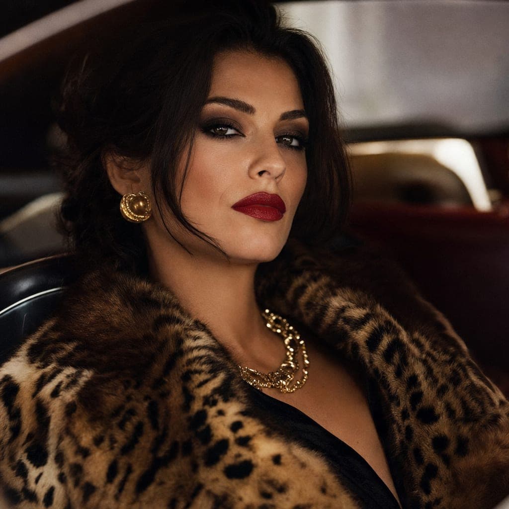 Mob wife glam makeup with a bold red lip and smoky eyes