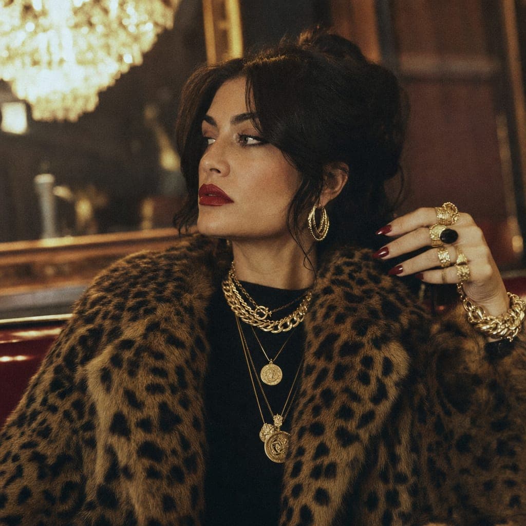 Mob wife layered gold jewelry, hoops and chunky rings on black