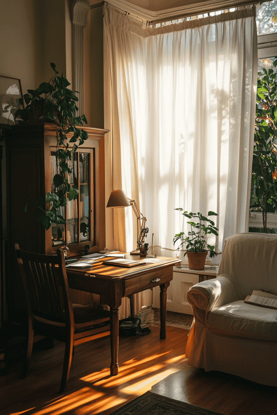Light academia workspace
