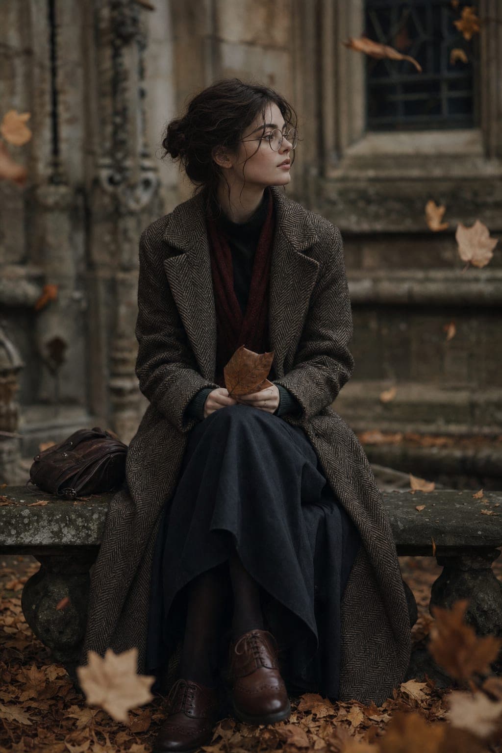 Dark academia autumn outfit with a herringbone coat, wire-frame glasses, and falling leaves