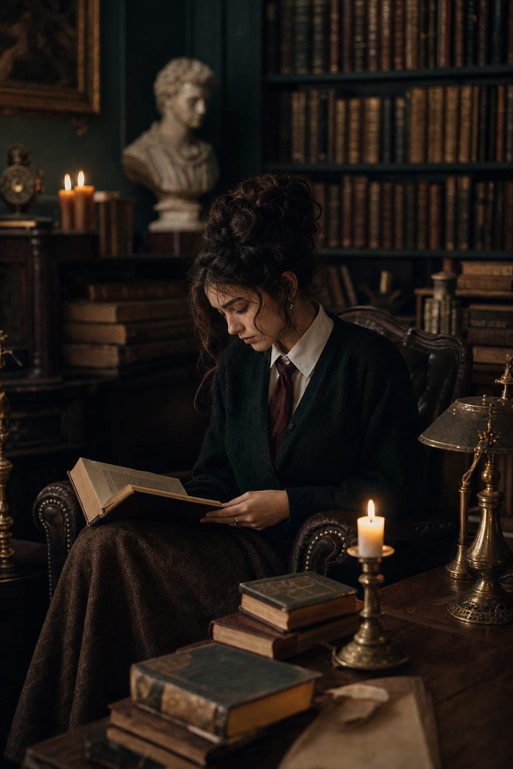 A student reading by candlelight in a dark academia library surrounded by towering bookshelves