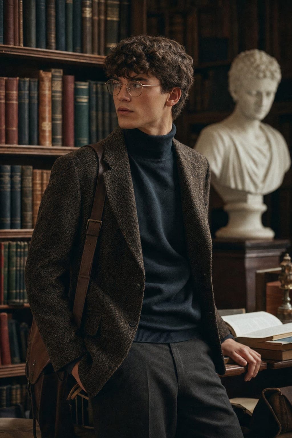 Dark academia outfit with a tweed blazer, turtleneck, wire-frame glasses, and a leather satchel