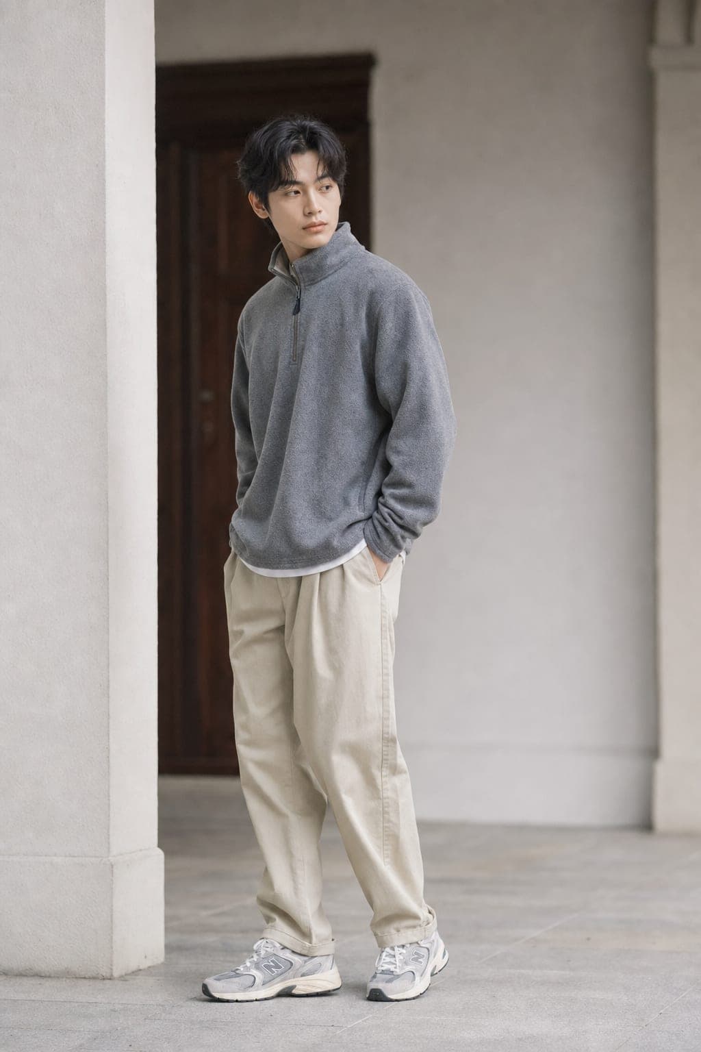 Normcore outfit with a gray fleece pullover, khakis, and New Balance sneakers