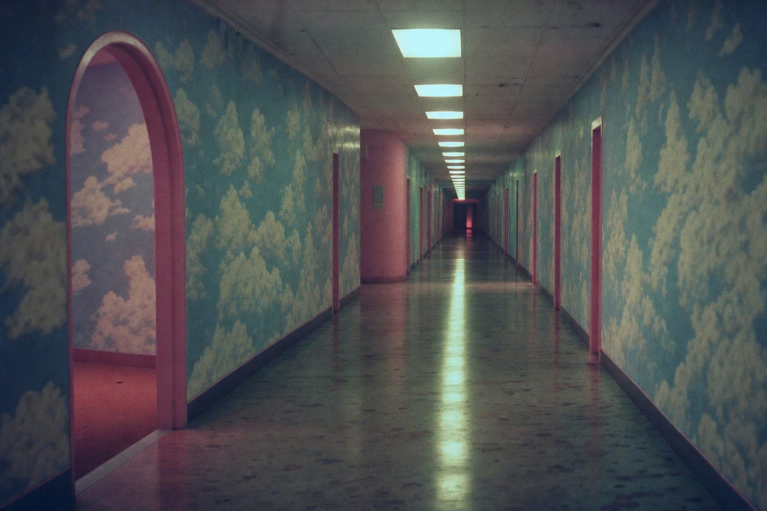 Weirdcore liminal empty hallway lit by humming fluorescent lights