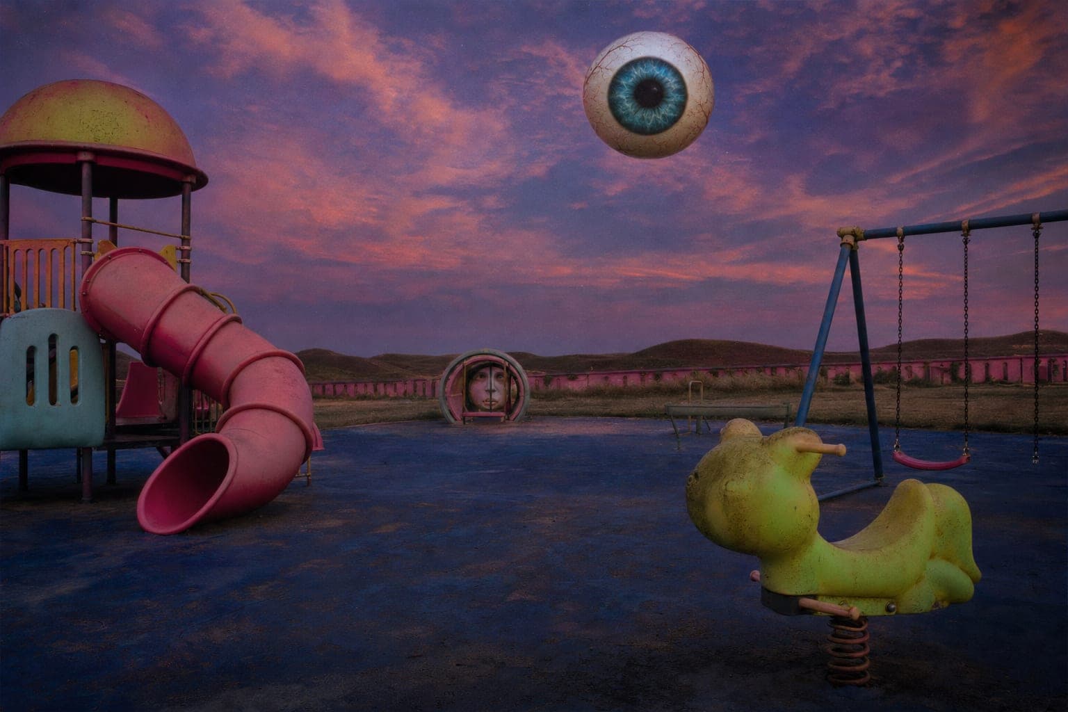 Weirdcore nostalgic empty playground glowing under a strange dusk sky