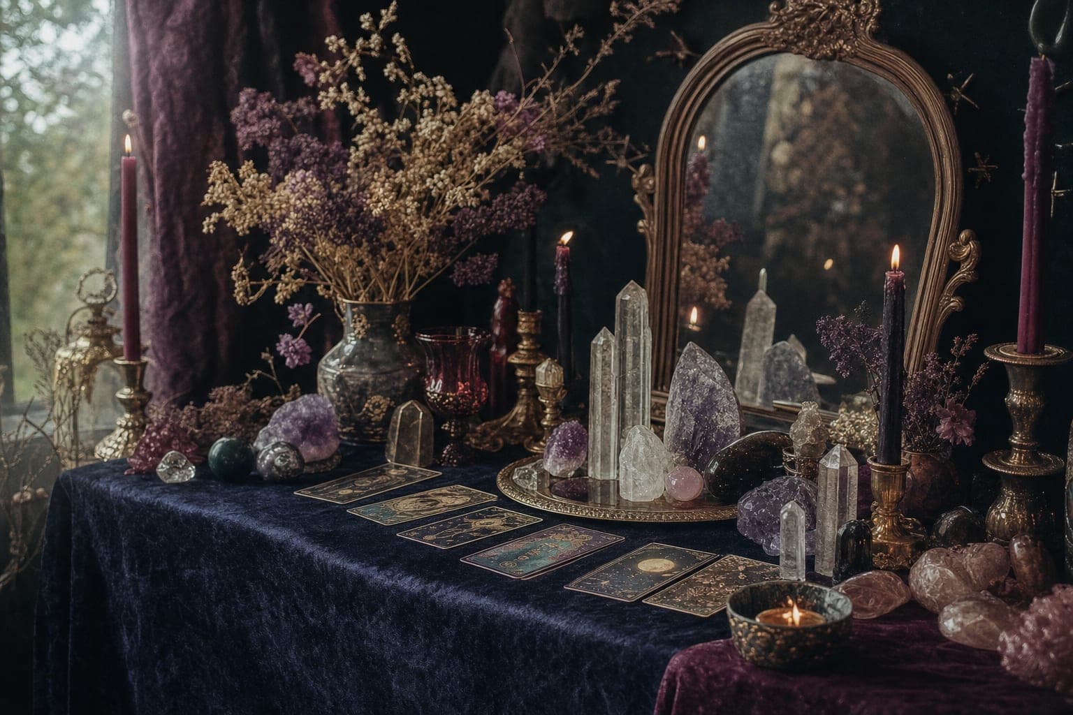 Whimsigoth crystal altar with dried flowers, candles and tarot cards