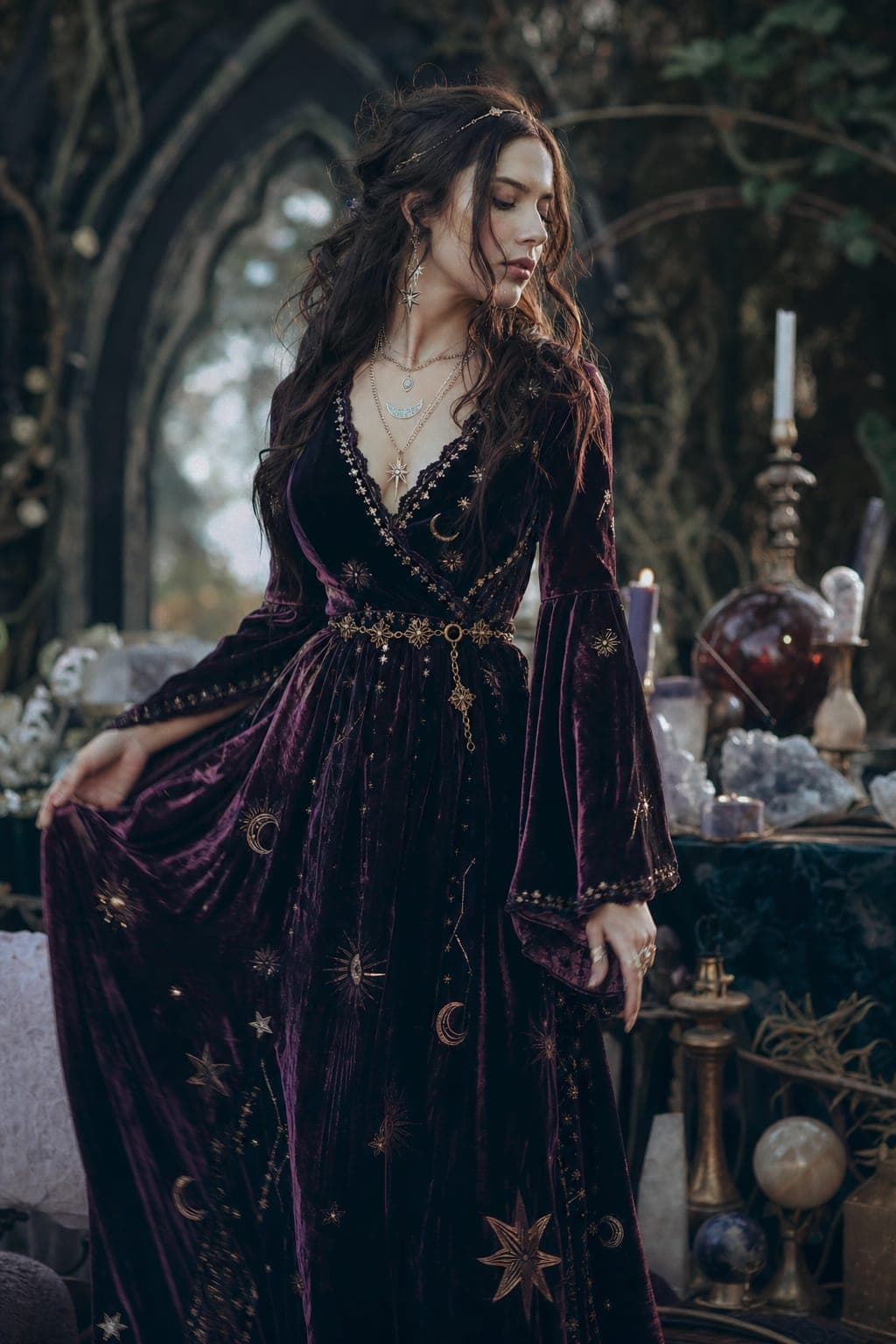 Whimsigoth outfit with a flowing velvet dress and celestial star jewelry