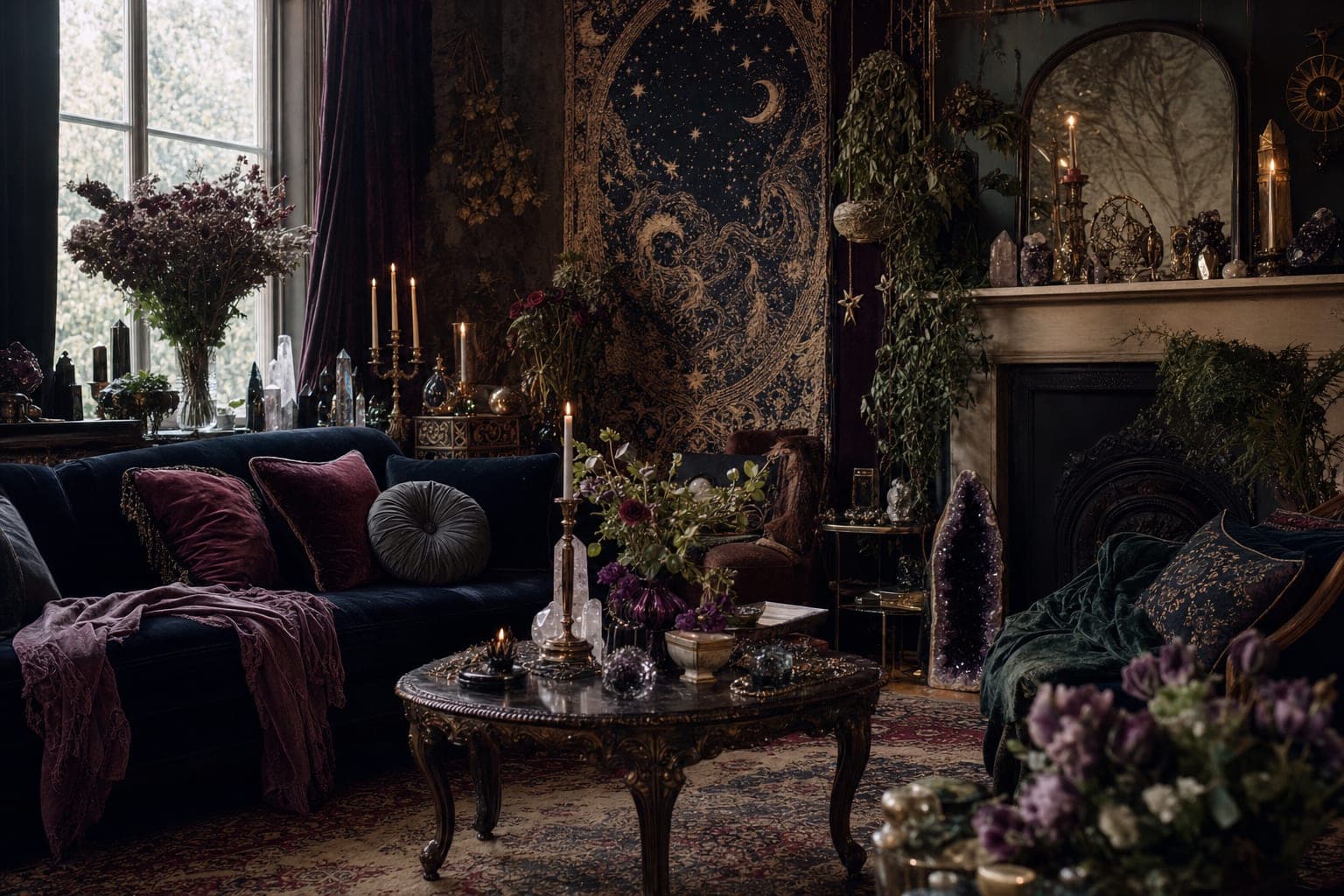 Whimsigoth living room with crystals, candles, tapestries and dark florals