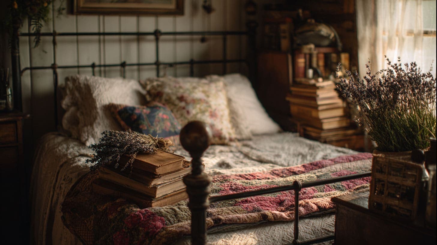 Cozy cottagecore bedroom with iron bed frame, quilts, and dried flowers