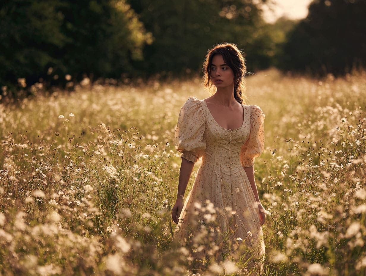 Woman wearing flowing cottagecore dress in wildflower meadow