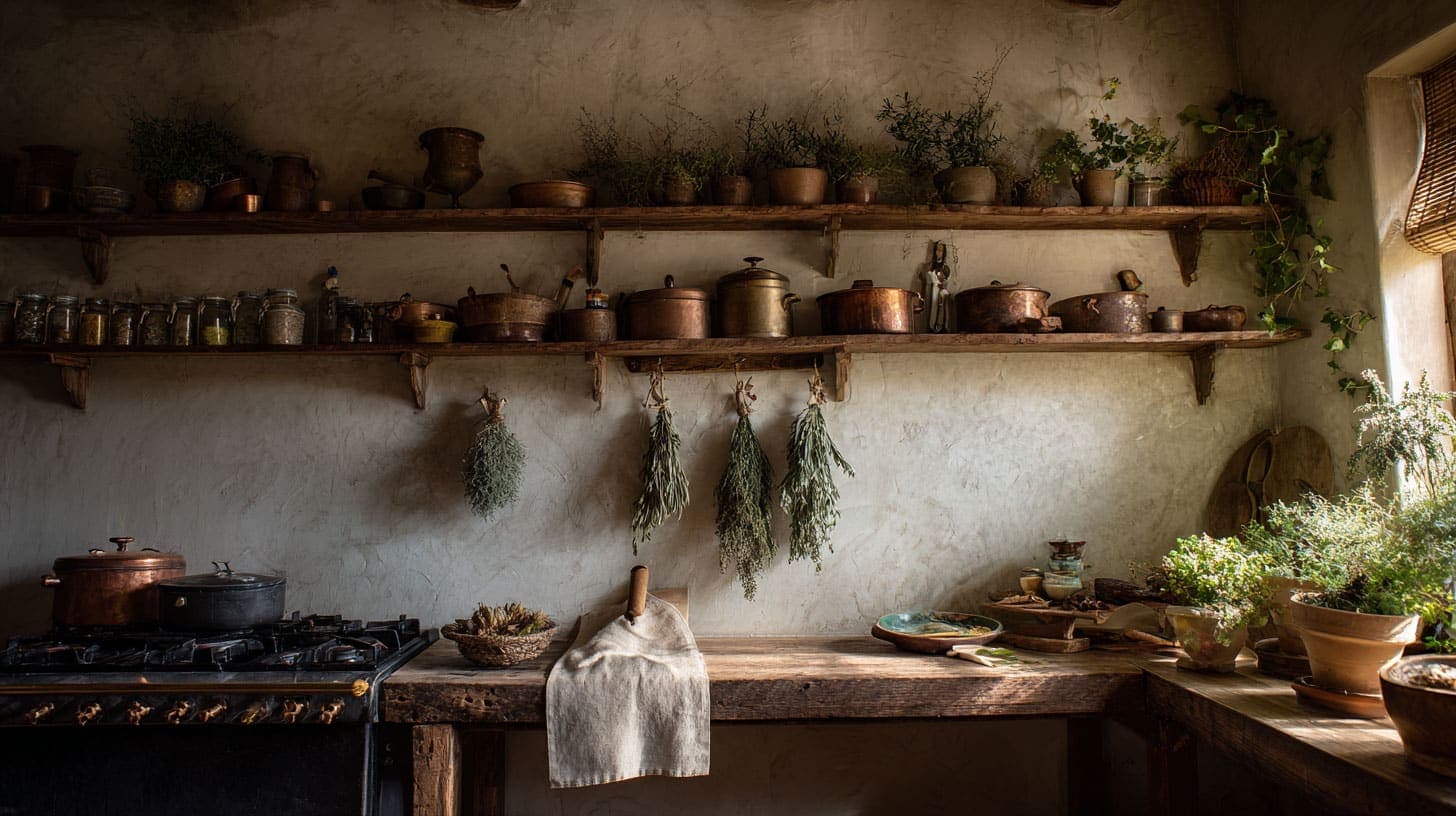 Farmhouse kitchen with open shelving and hanging dried herbs
