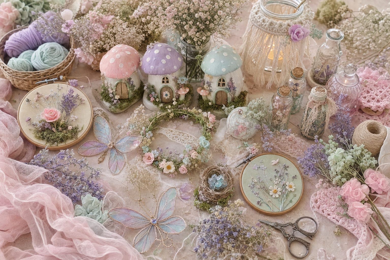 Flat lay of fairycore craft supplies and finished projects