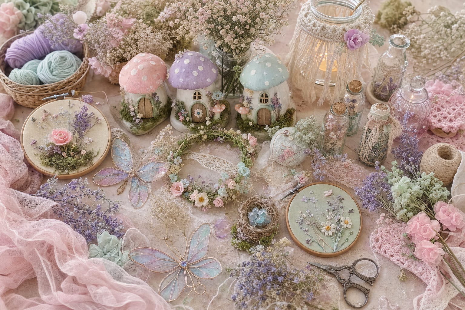 Flat lay of fairycore craft supplies and finished projects