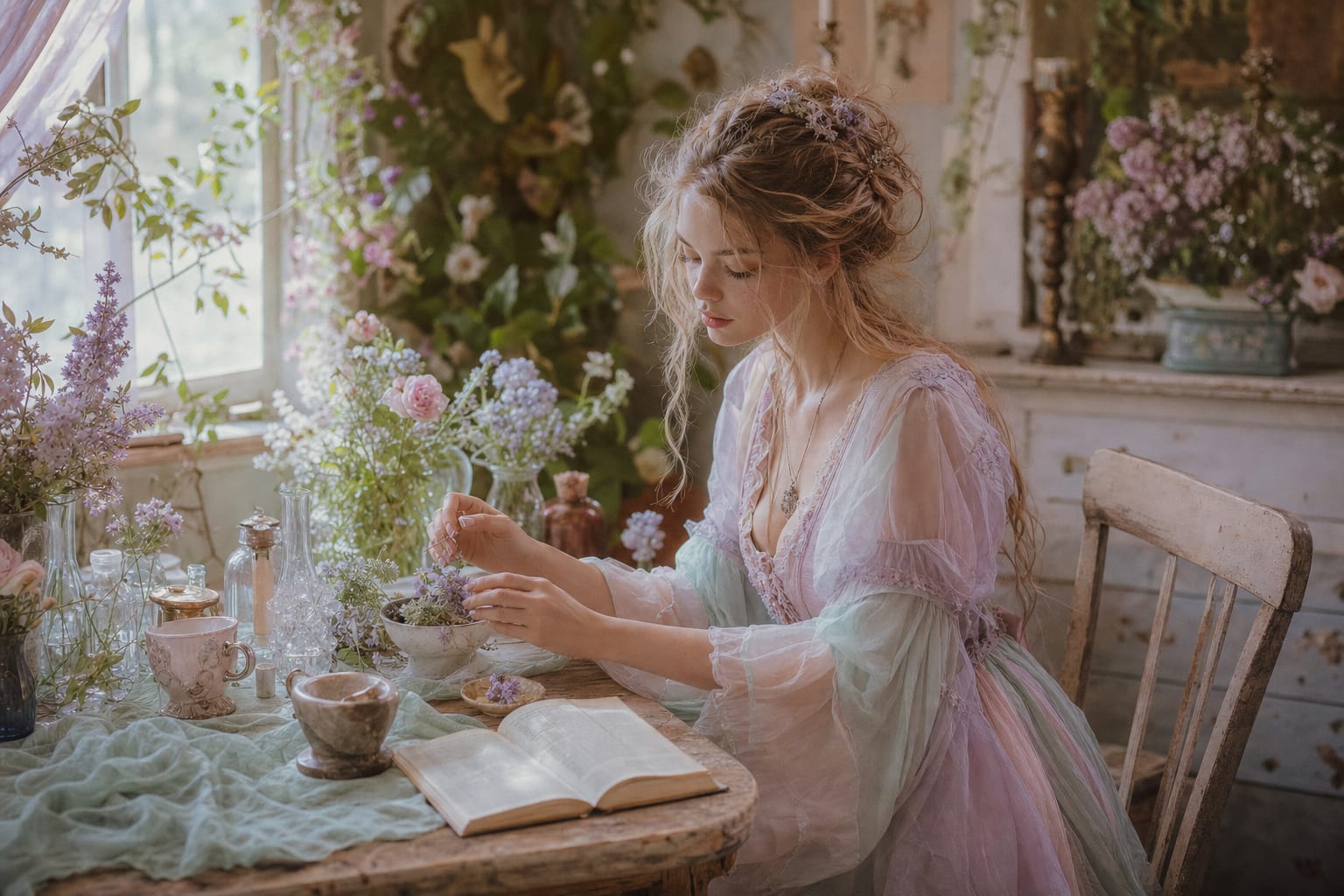 Person in fairycore setting practicing morning rituals