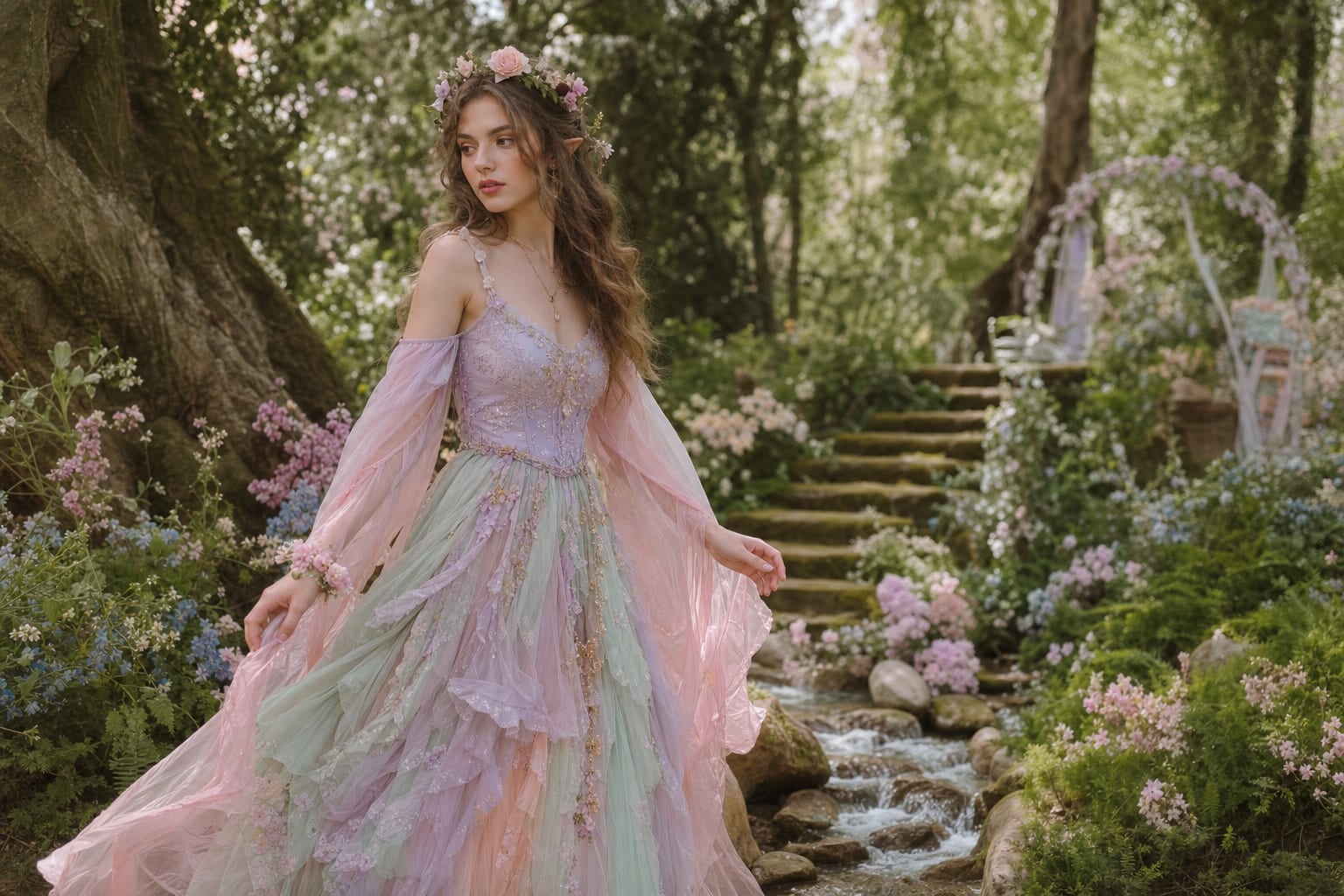 Woman in flowing fairycore dress in enchanted forest