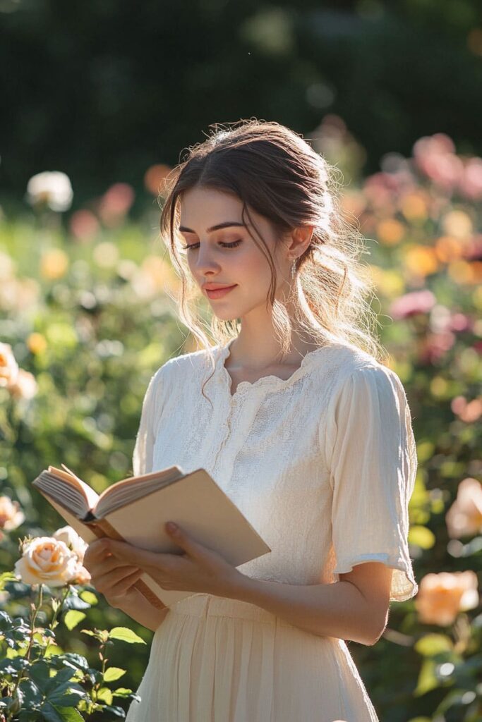 woman reading a book in the flower garden