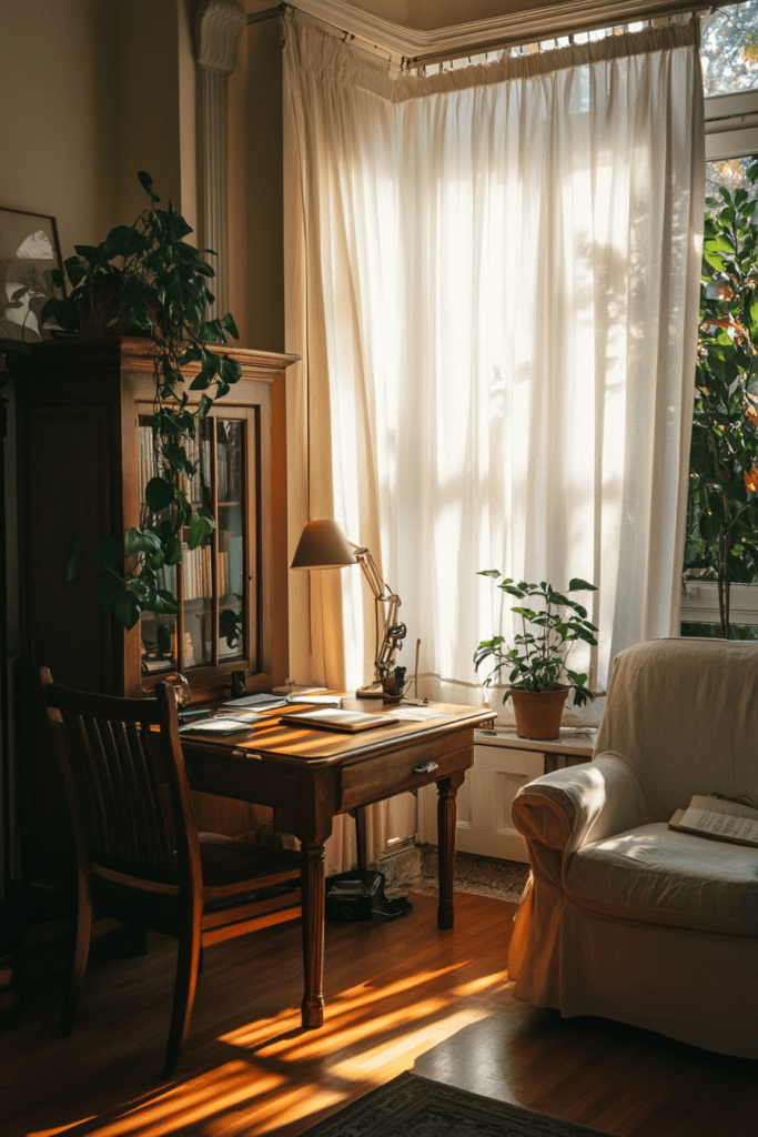 light academia living room by the window