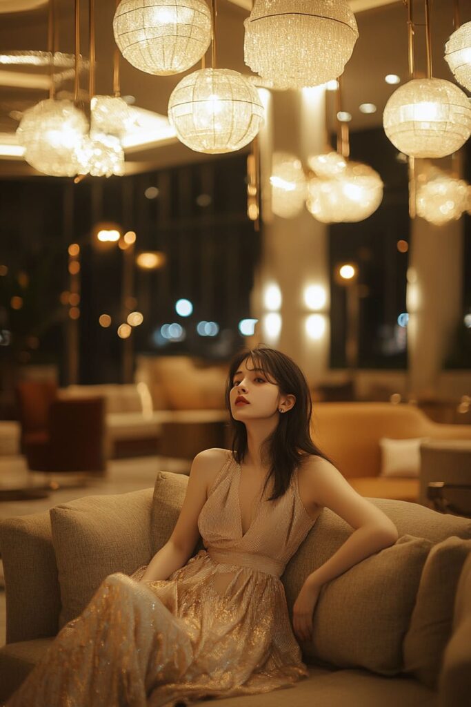 girl sitting in a hotel lobby